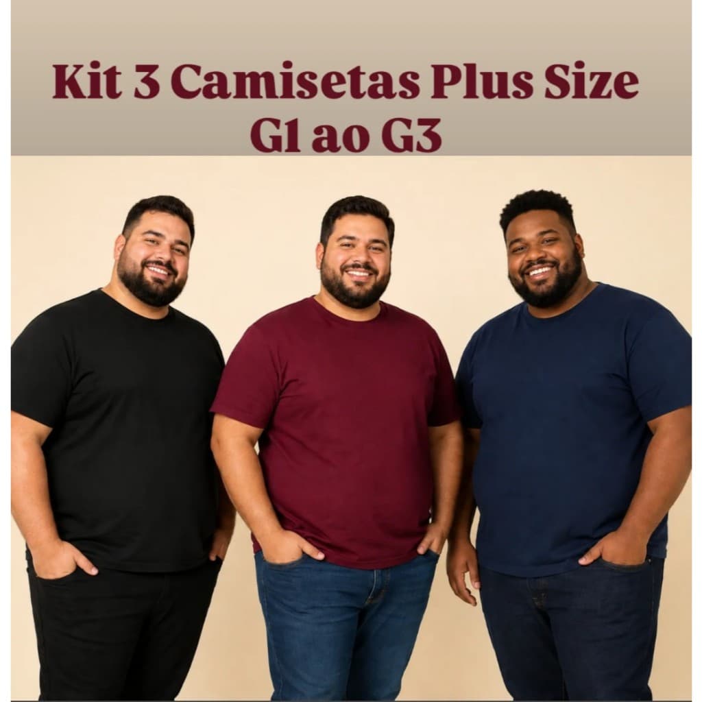 KIT 3 Camisetas PLUS SIZE masculina.  G1 ao G3. Uso casual e esportivo.