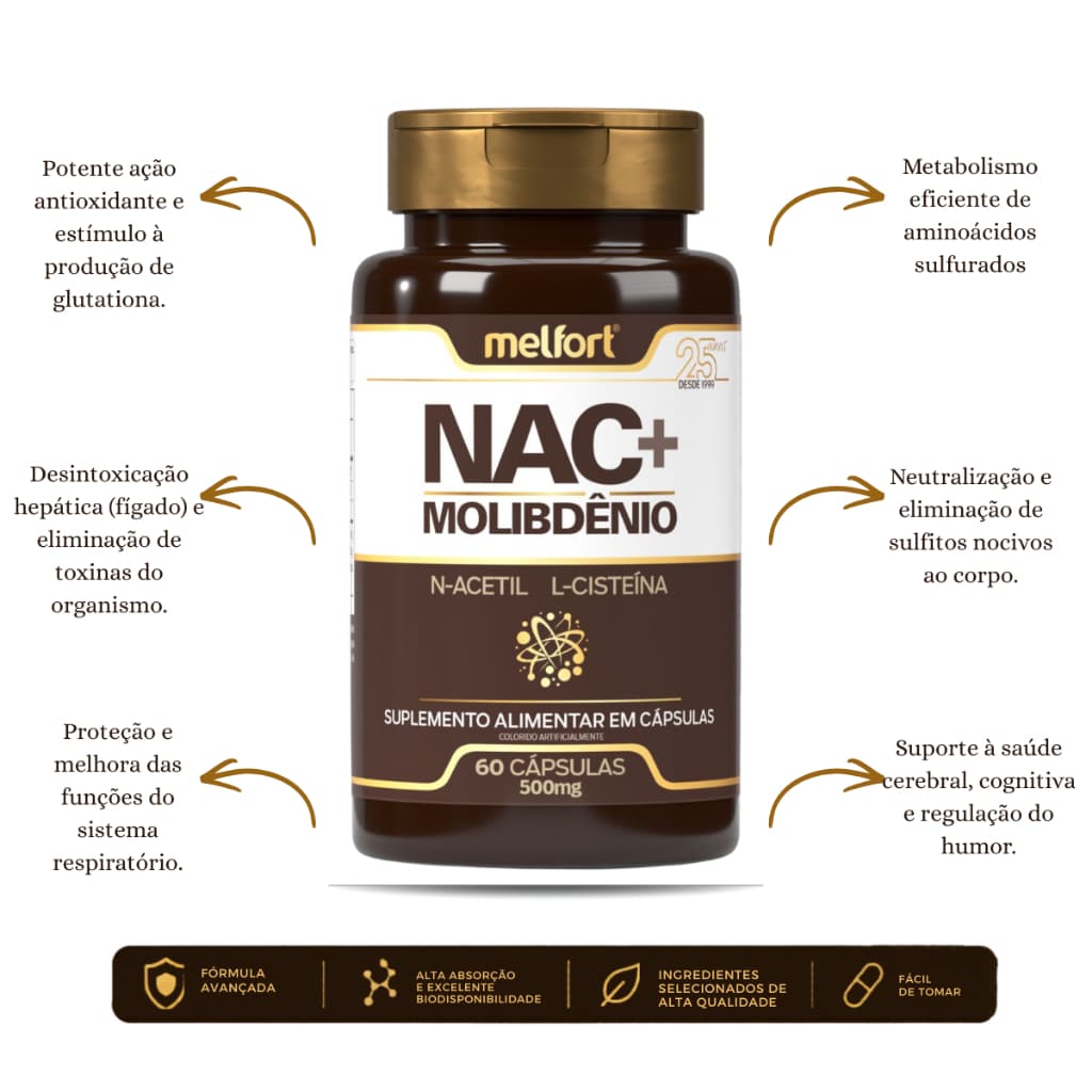 Nac Acetilcisteína Mais Molibdênio 60 Capsulas Não Contém Glúten