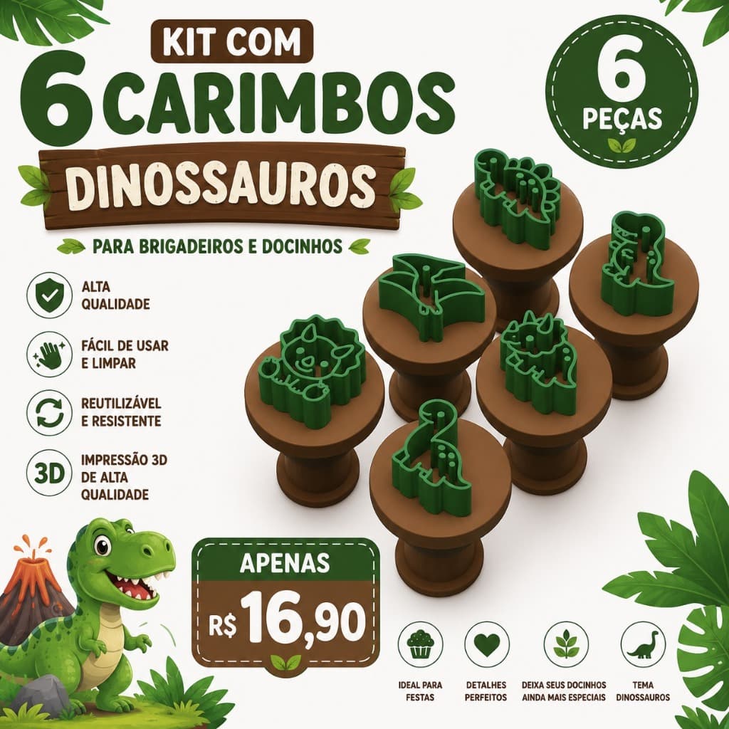 Kit 6 Carimbos Dinossauros T-Rex Triceratops Pterodáctilo