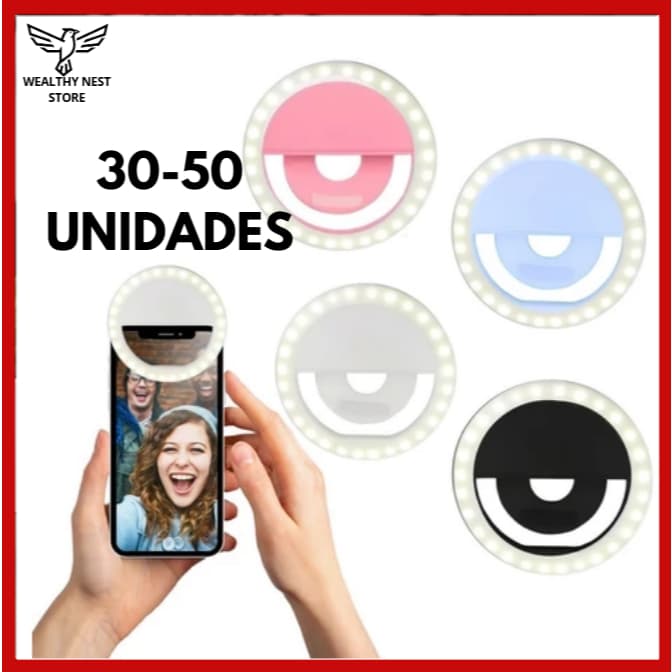 Kit Mini Ring Light LED para Celular 30 a 50 Unidades Iluminação para Selfie Foto Vídeo Maquiagem Recarregável Universal