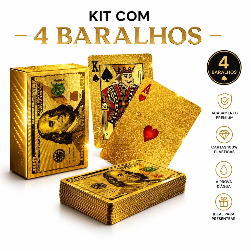 Kit 4 Baralhos Ouro Conjunto Cartão de Jogos Dourado 24k Prova D'água Dolar Dourado Ouro Folheado