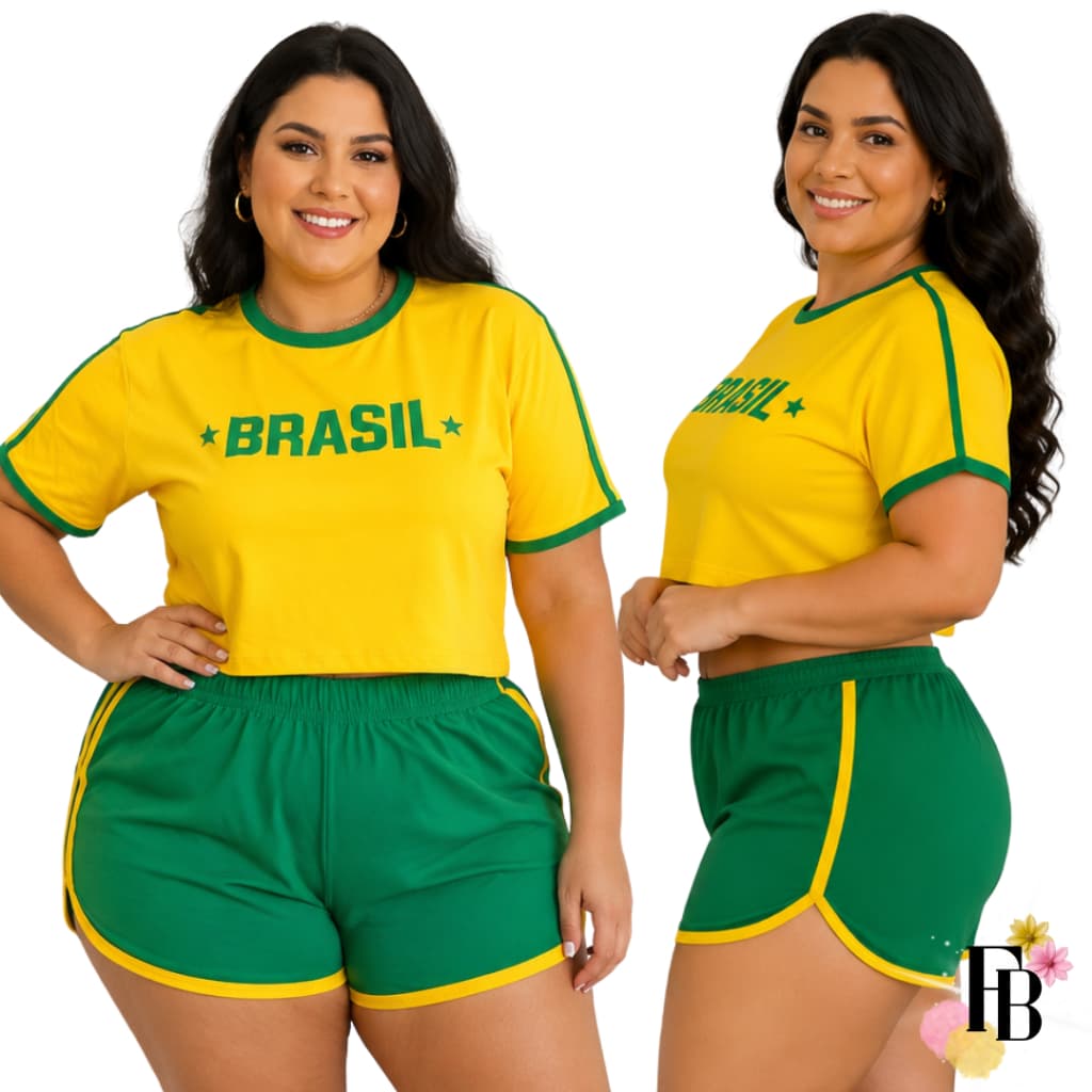 Conjunto Feminino Brasil Copa do Mundo 2026 42 ao 46 Plus Size Hexa Verde Amarelo Cropped Short Luxo
