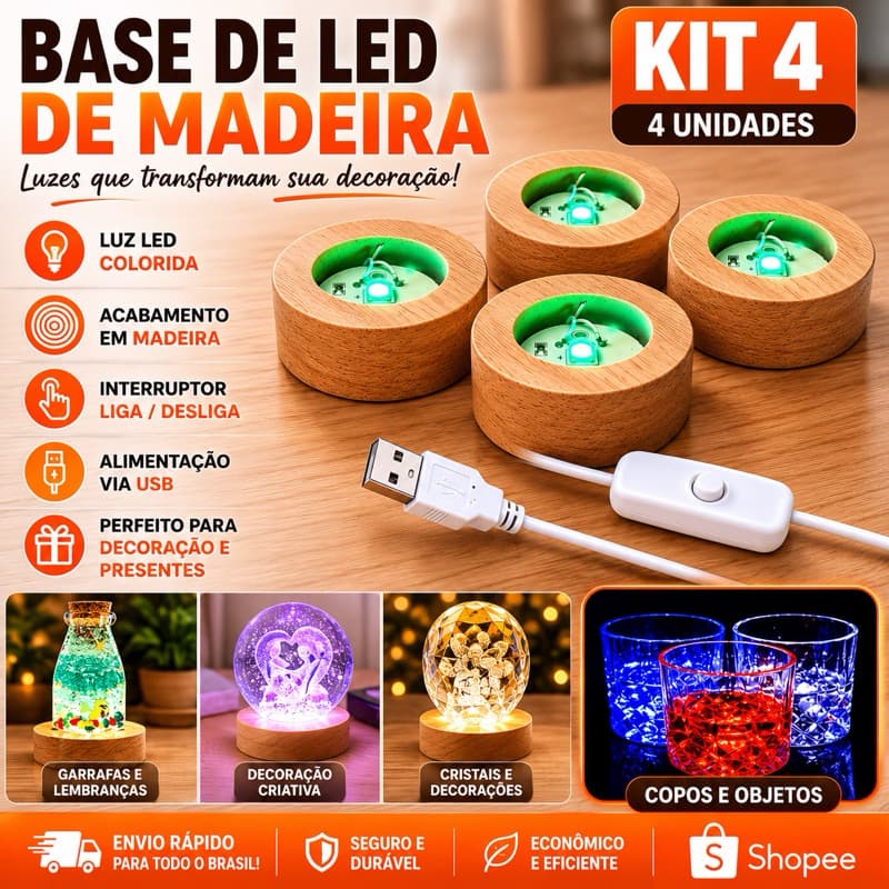 Kit 4 Bases LED RGB USB Redonda Luz Colorida para Cristal e Decoração