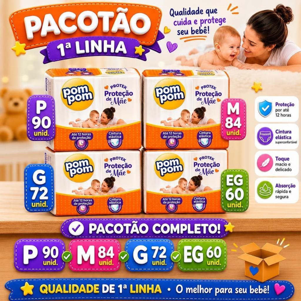 Fralda Pom Pom Protek Pacotão  P 90 .M 84 . G 72 .EG 60  1° linha sem defeito