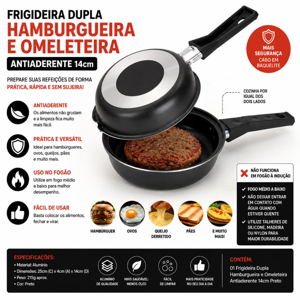 Frigideira Hamburgueira Dupla Antiaderente 14cm Omeleteira Preta Não Gruda
