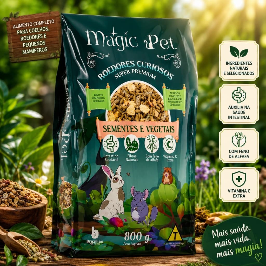 Kit Ração para Coelho Hamster Porquinho-da-Índia MAGIC PET 800gr Sementes e Vegetais Para Roedores
