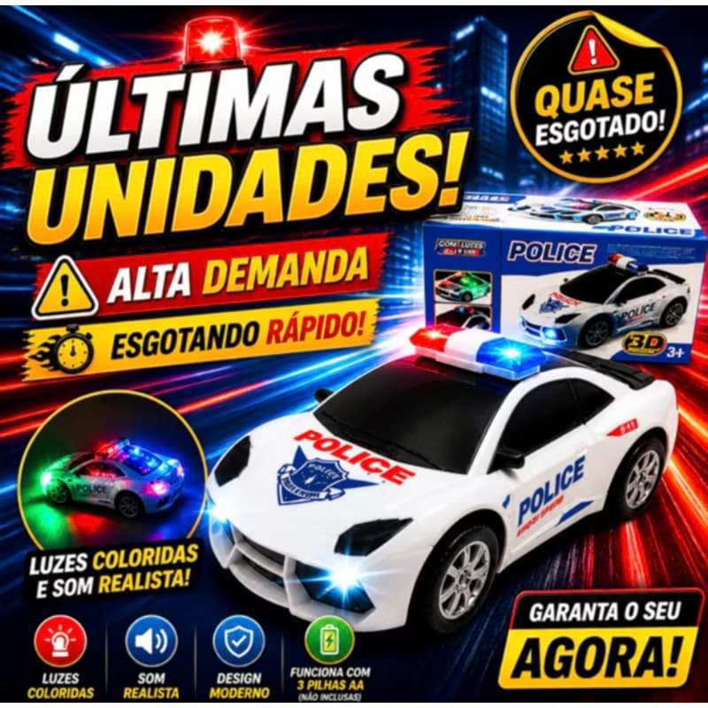 Carrinho Policia Infantil Menino Bate Volta Som Luz 3D