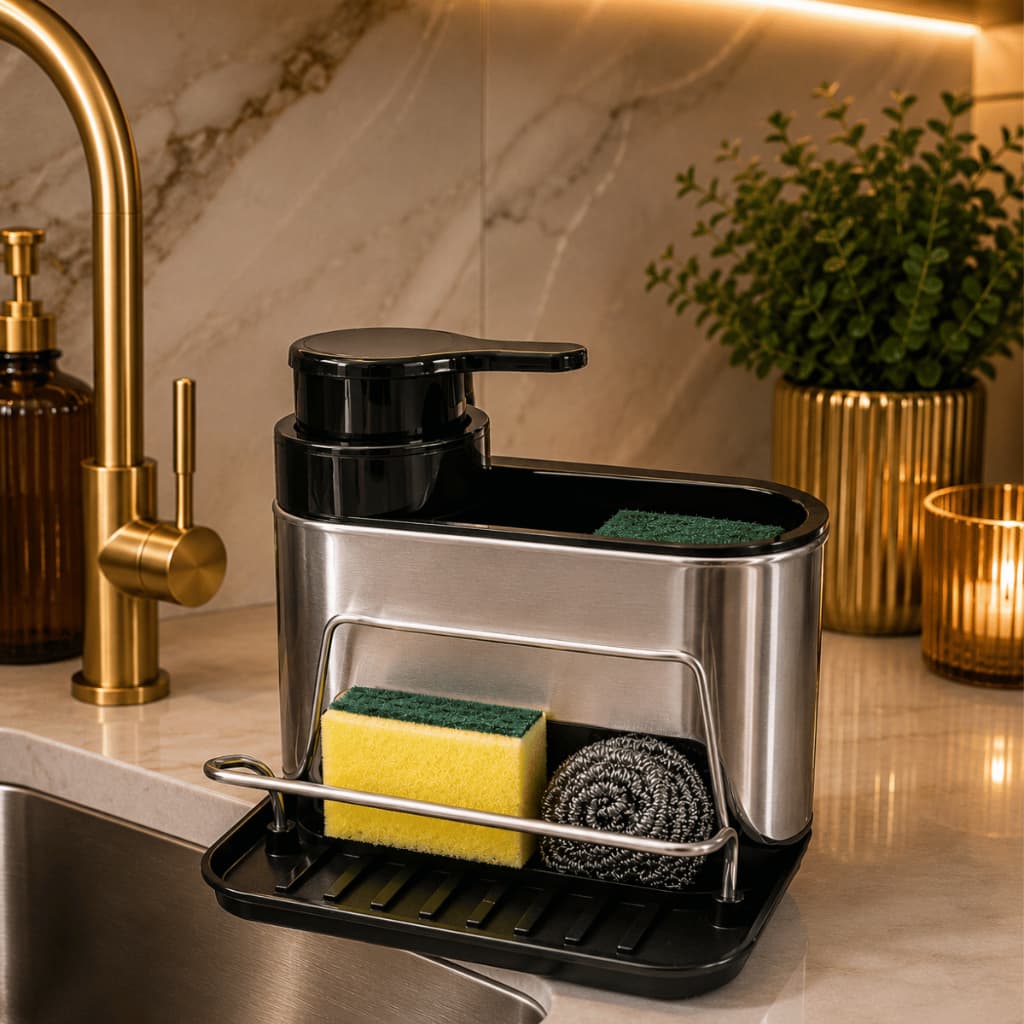 Dispenser Detergente Com Suporte Para Esponja e Acessórios Pia Cozinha Aço Inox Decorativo Dosador