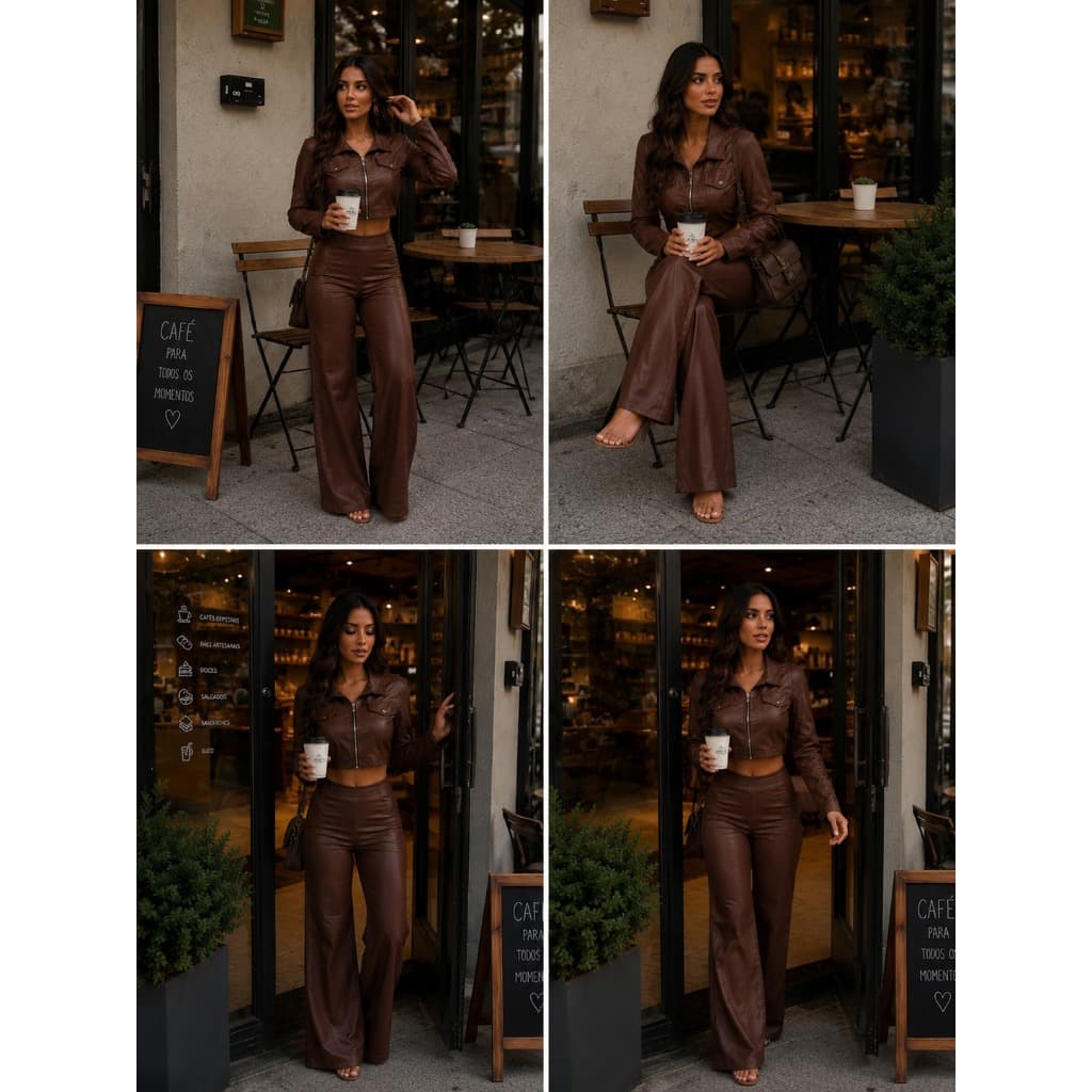 CONJUNTO FEMININO CALÇA COM ZIPER NA LATERAL JAQUETA COM GOLA Y BOLSO COM BOTÂO METALICO EM COURINHO