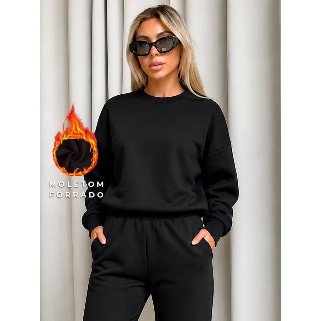 Blusa Moletom Feminina Forrada Quentinha Oversized Gola Redonda Básica Casual Inverno P ao GG
