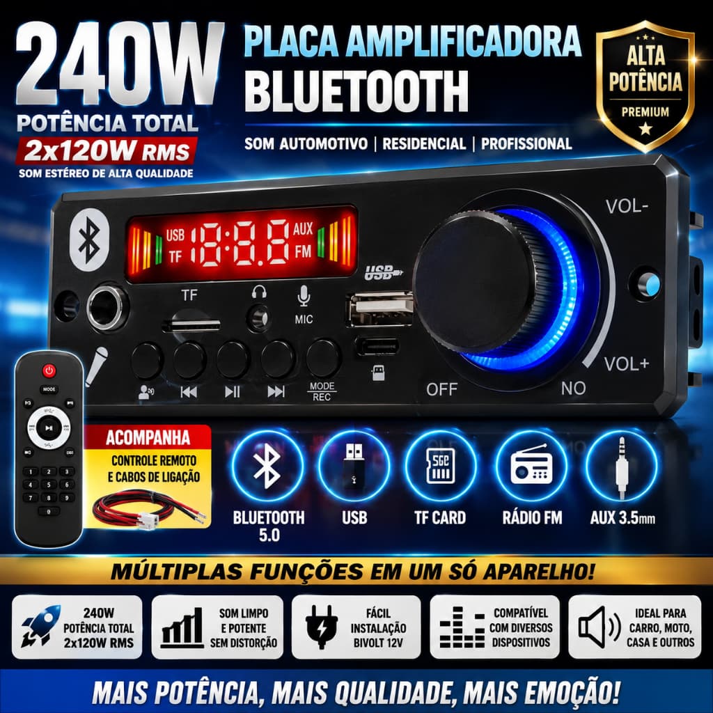Placa Amplificadora Bluetooth 240W Potente 2x120W Som Estéreo USB TF FM AUX Controle Remoto Alta Potência
