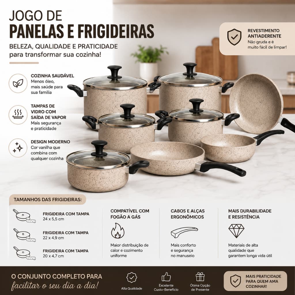 Jogo de Panelas Frigideiras Kit c/ 08 Cor Vanilha Alumbella