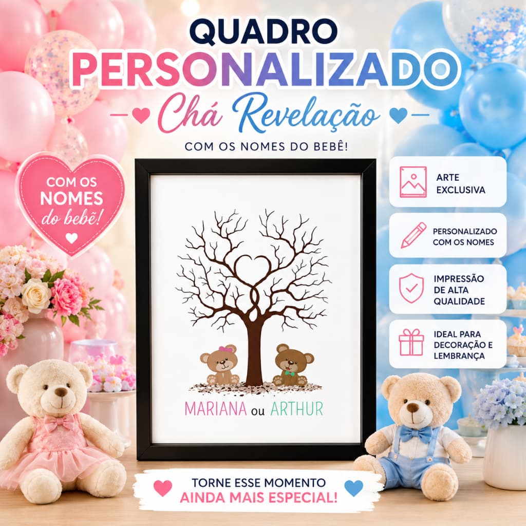 Quadro Placa Recepção Chá Revelação Árvore Digitais Assinaturas Personalizado Nome E Data