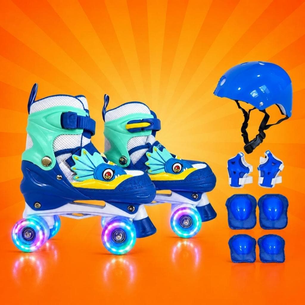 Patins Quad Dinossauro Infantil 4 Rodas Tamanho Regulavel Com Rodinhas de LED + Bolsa + KIT DE PROTEÇÃO COMPLETO