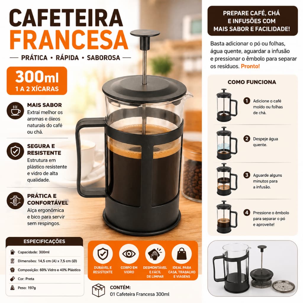 Cafeteira Francesa Prensa Francesa 300ml Vidro e Plástico para Café e Chá