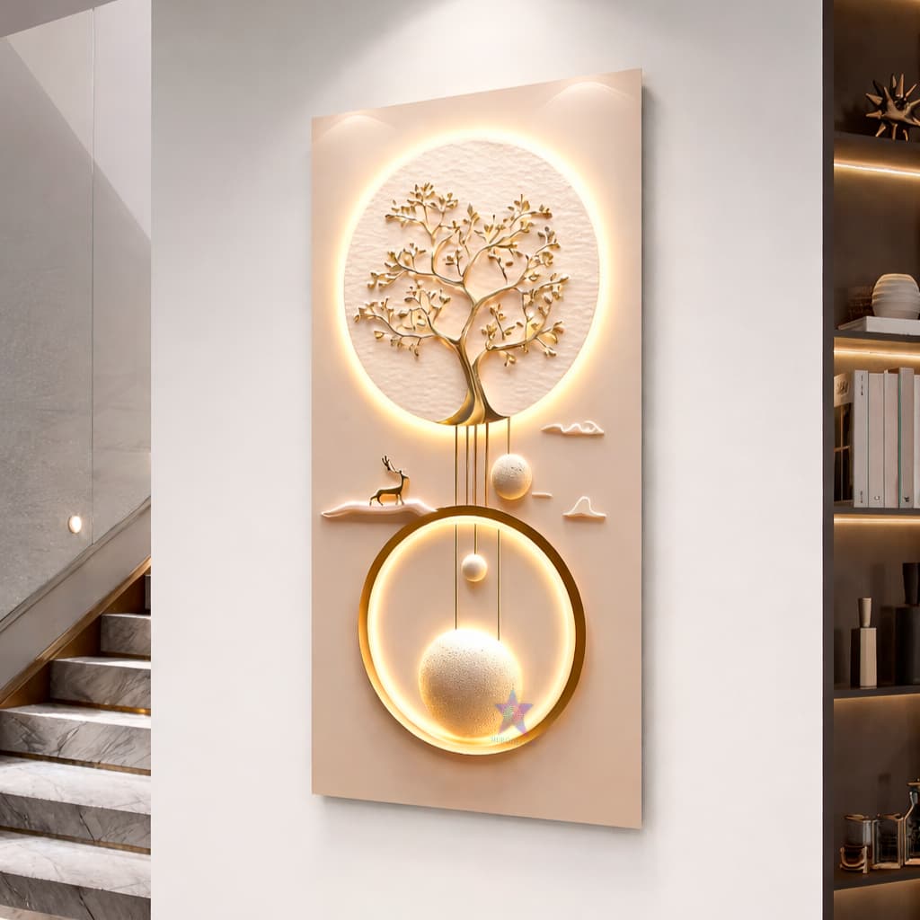 Quadro Decorativo Árvore da Vida Cervo Dourado 4 Modelos Luxo Premium para Sala Quarto Hall