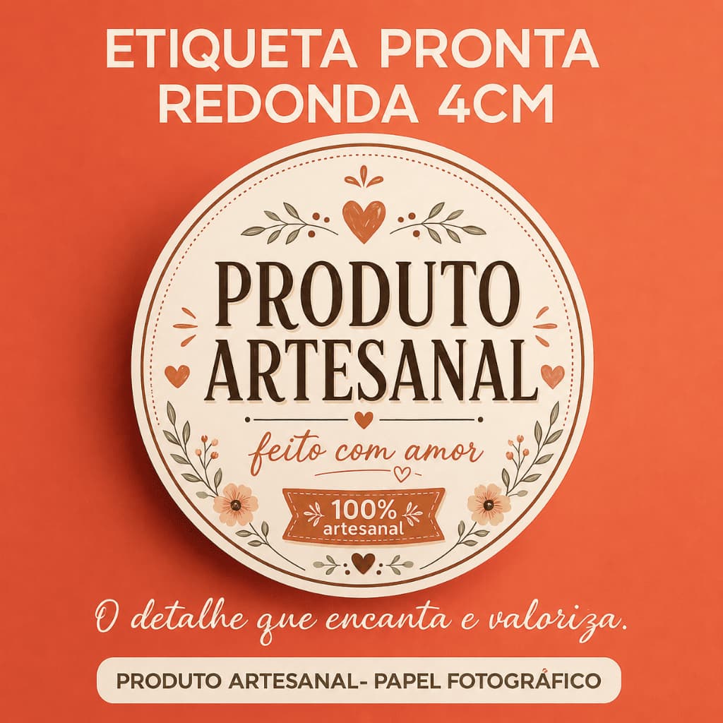 Etiqueta Pronta Redonda 4cm Produto Artesanal - Papel Fotográfico à Prova d’Água