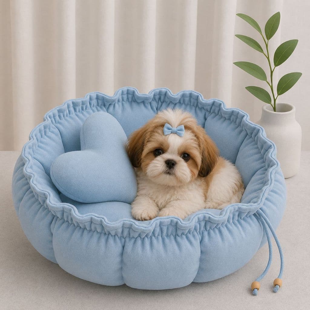 Caminha Redonda, com almofada de coração Azul Cama Pet Londres Fresquinha Gato