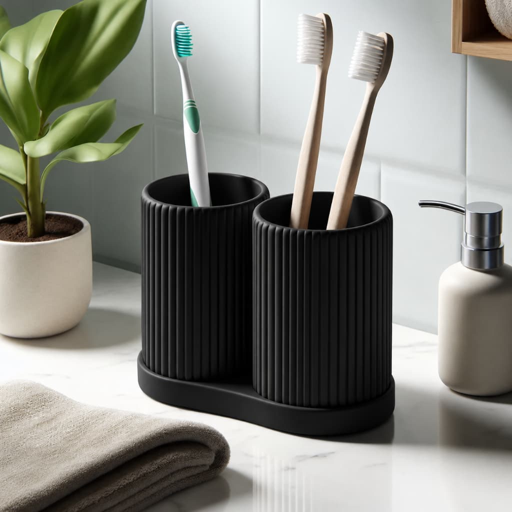 Porta Escova Duplo Canelado Organizador Banheiro Suporte Escovas Preto Branco