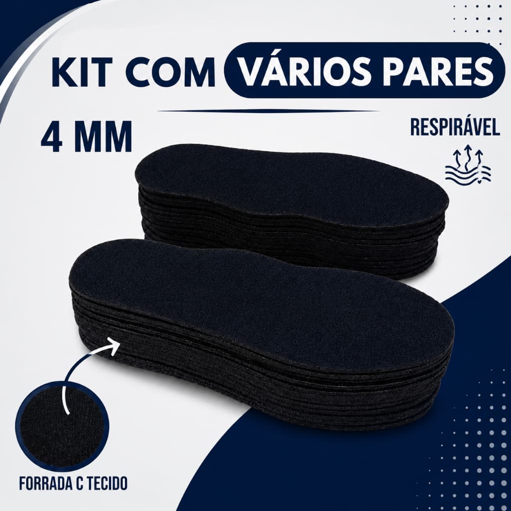 Kit Pares de Palmilha E.V.A 4mm Forrada com Tecido para Tênis Sapatênis Chuteira e Calçados 34 ao 45