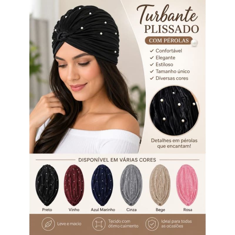 Turbante Feminino Plissado com Pérolas | Touca Turbante Elegante | Acessório de Cabelo Feminino | Várias Cores