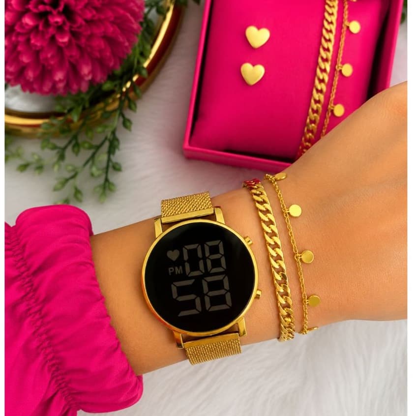 Relógio Feminino Redondo  LED Digital Com Pulseira
