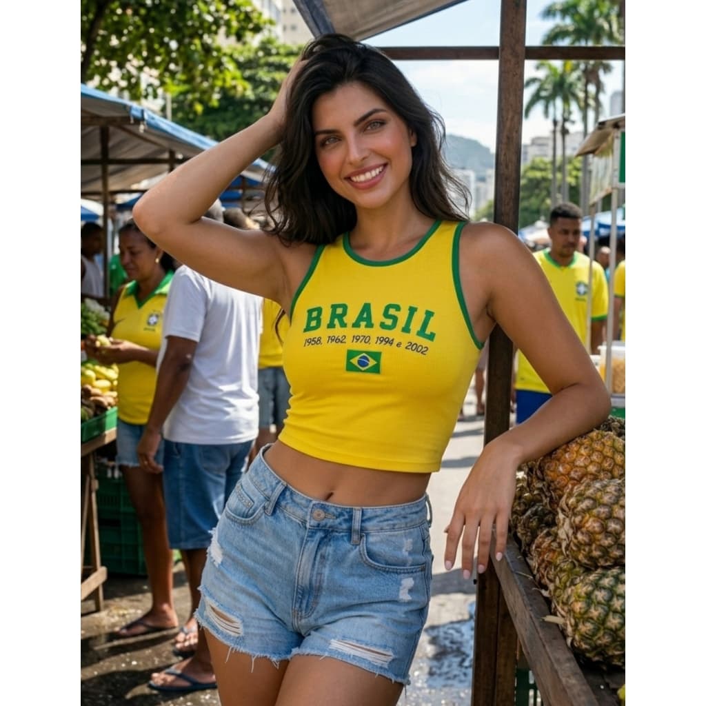 Camiseta Nova Do Brasil Feminina Cropped Seleção Brasileira Estampado Bandeira Brasil Regatinha Hexa
