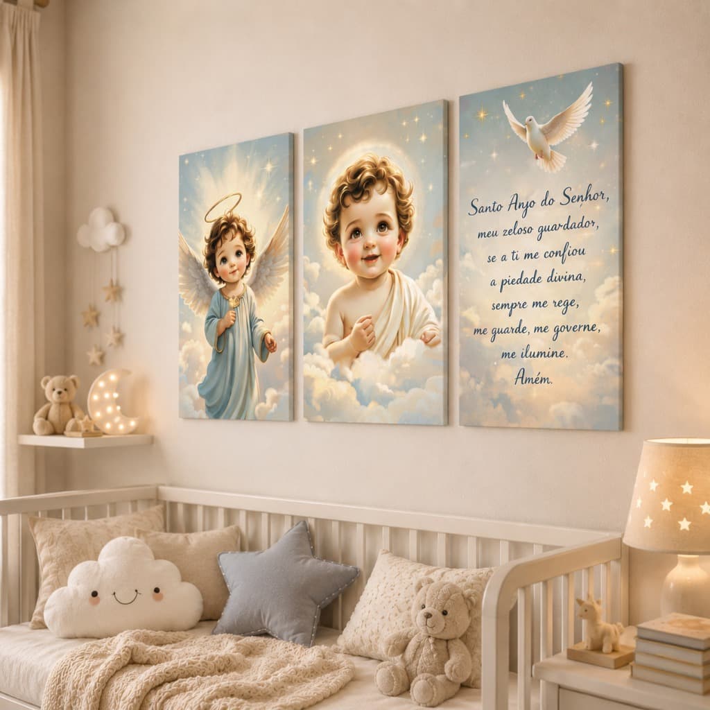 Kit 3 Quadros Infantil Oração Santo Anjo Menino Jesus Decorativo Religioso para Quarto de Bebê