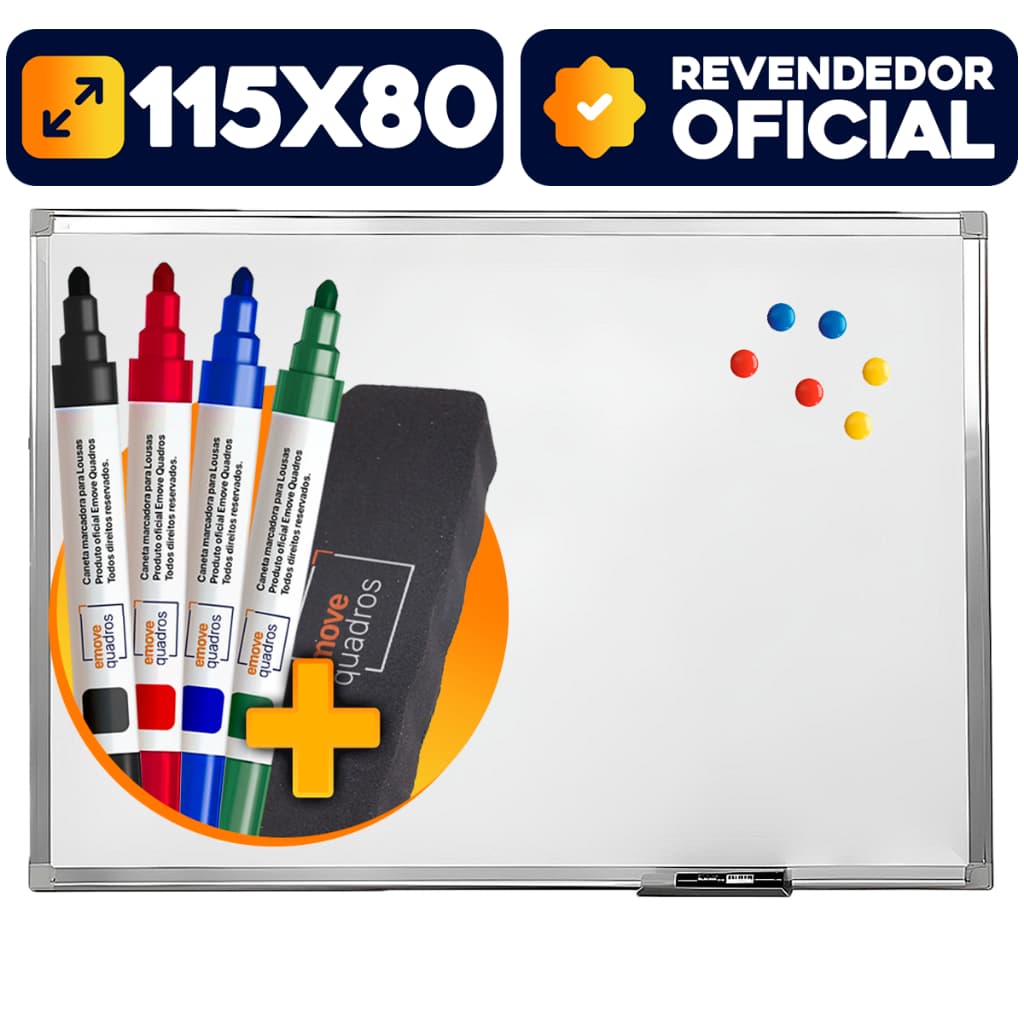 Kit Quadro Branco Magnético Office Aluminio 120x90 Cm 4 Canetas + Apagador Magnético