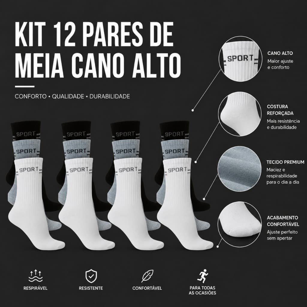 Kit 12 Pares de Meia Cano Alto Longo Médio Sport Original