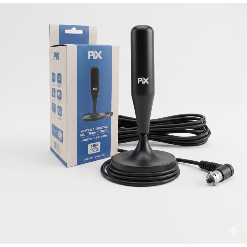 Antena Digital Para TV Multi 1.8 Metros Interno Externo Ultra Hd Full 4K Canais Abertos Base C/ Ima Plug 90°