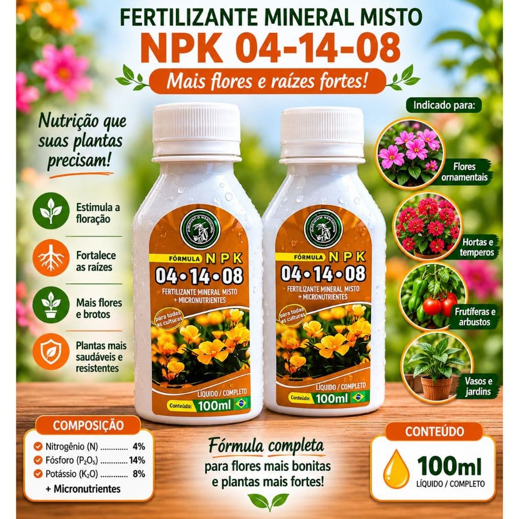 ADUBO E FERTILIZANTE LIQUIDO 100 ML  NPK 04.14.08 COM MICRONUTRIENTES KIT 2 UN MATO VERDE JARDINAGEM