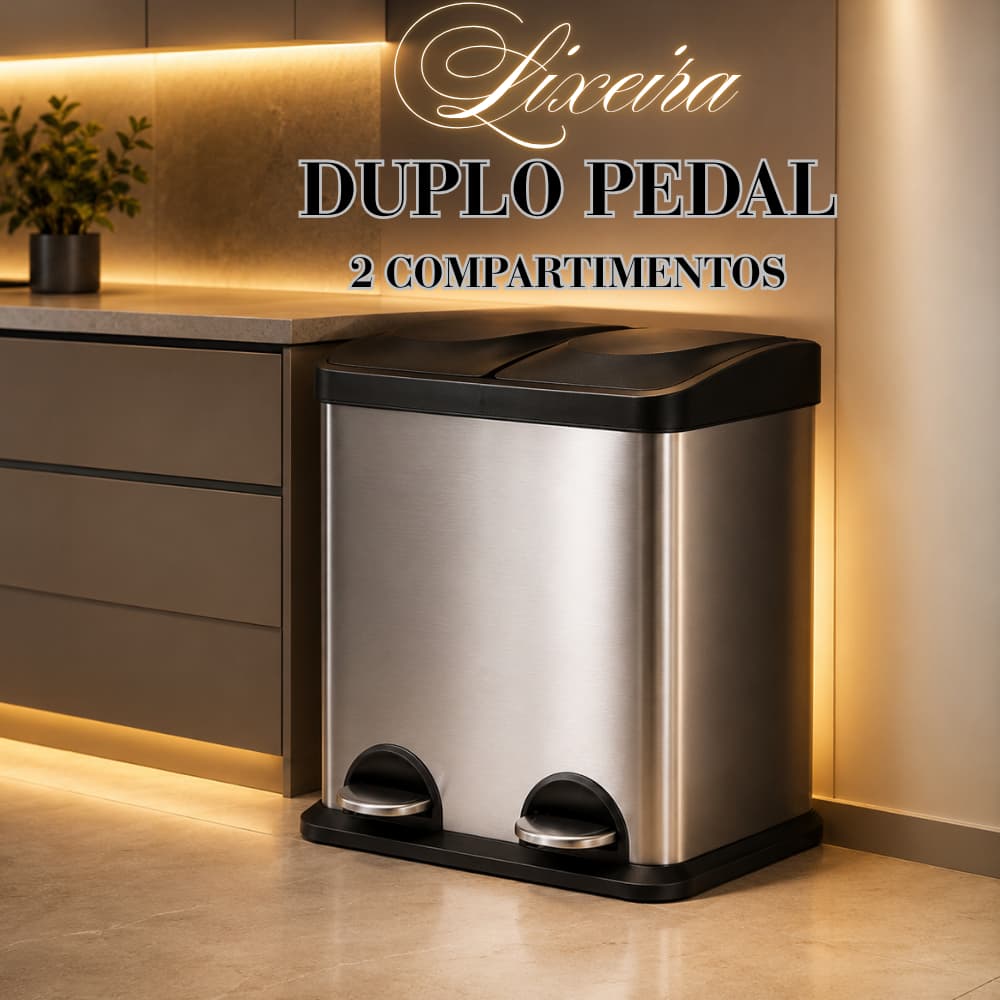 Lixeira Dupla Inox 30L com Pedal 2x15L – Lixeira Duplo Compartimento com 2 Divisórias Removíveis para Cozinha