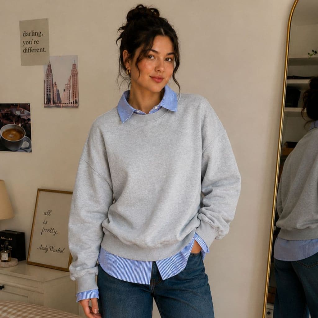Blusa de Frio Gola Redonda Sobreposição Camisa Moletom Flanelado Moda Coreana Feminina