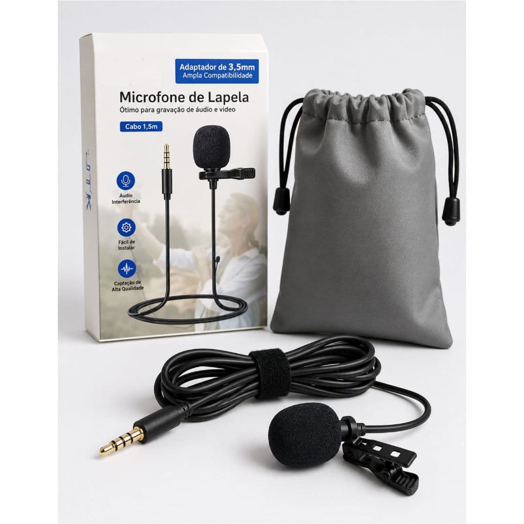 Microfone de Lapela Com Fio P2 1,5m Gravação Conteúdo Youtuber Live Vídeos Áudio Computador Celular