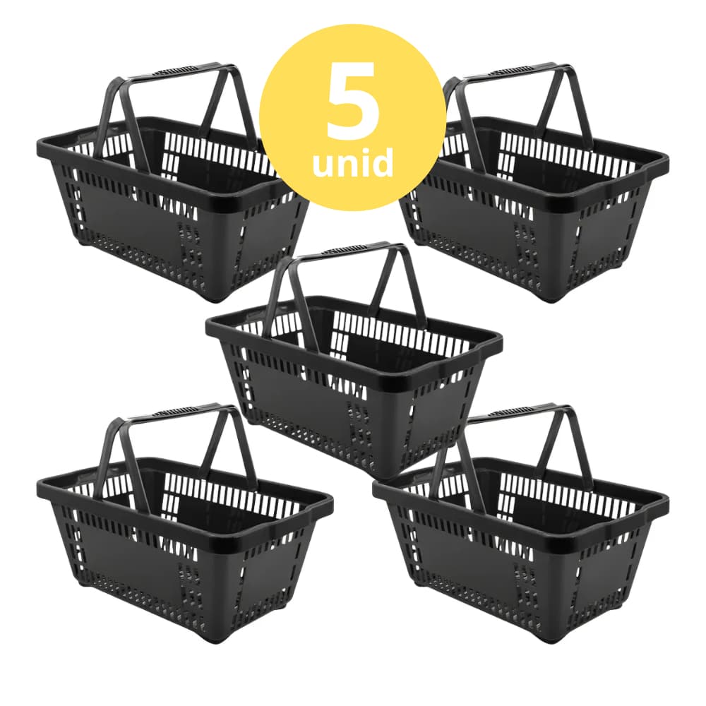 Kit 5 Cestinhas Plásticas Reforçadas de Supermercado Pretas 16L Resistentes e Duráveis para Comércio, Farmácias, Mercado