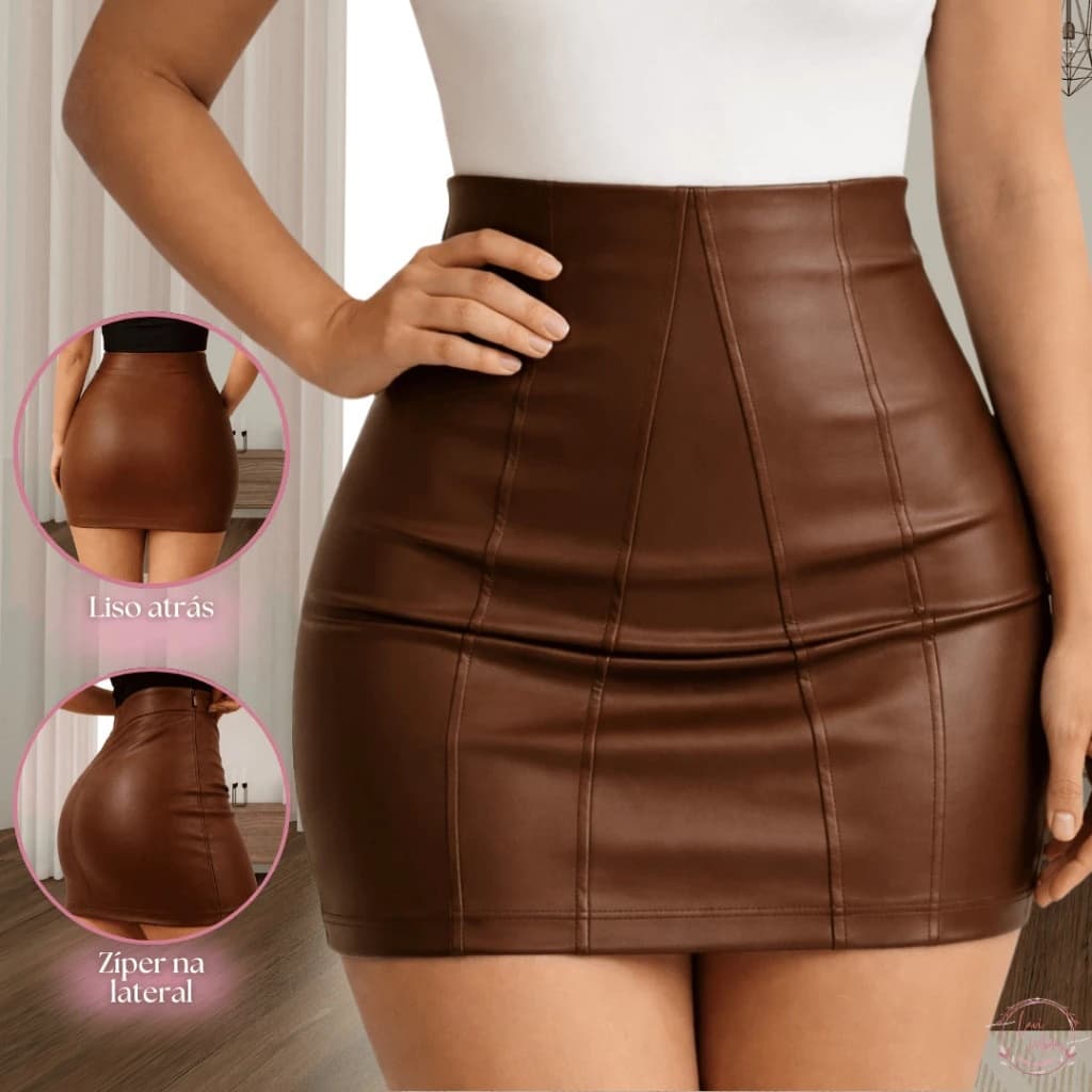 Saia Feminina Curta Courino Sintético Cintura Alta Modelagem Ajustada