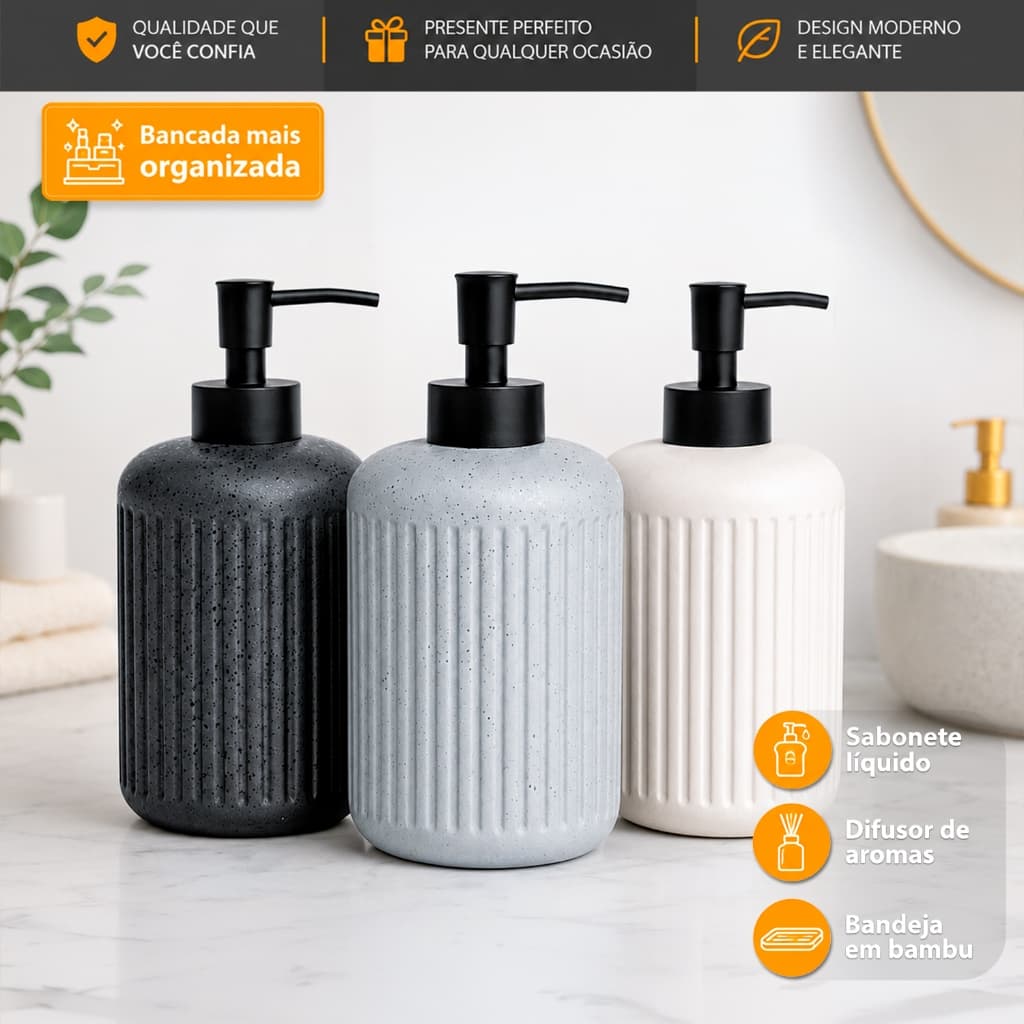 Dispenser Sabonete Líquido Banheiro Lavabo Cerâmica Porta Álcool Gel Detergente Bancada