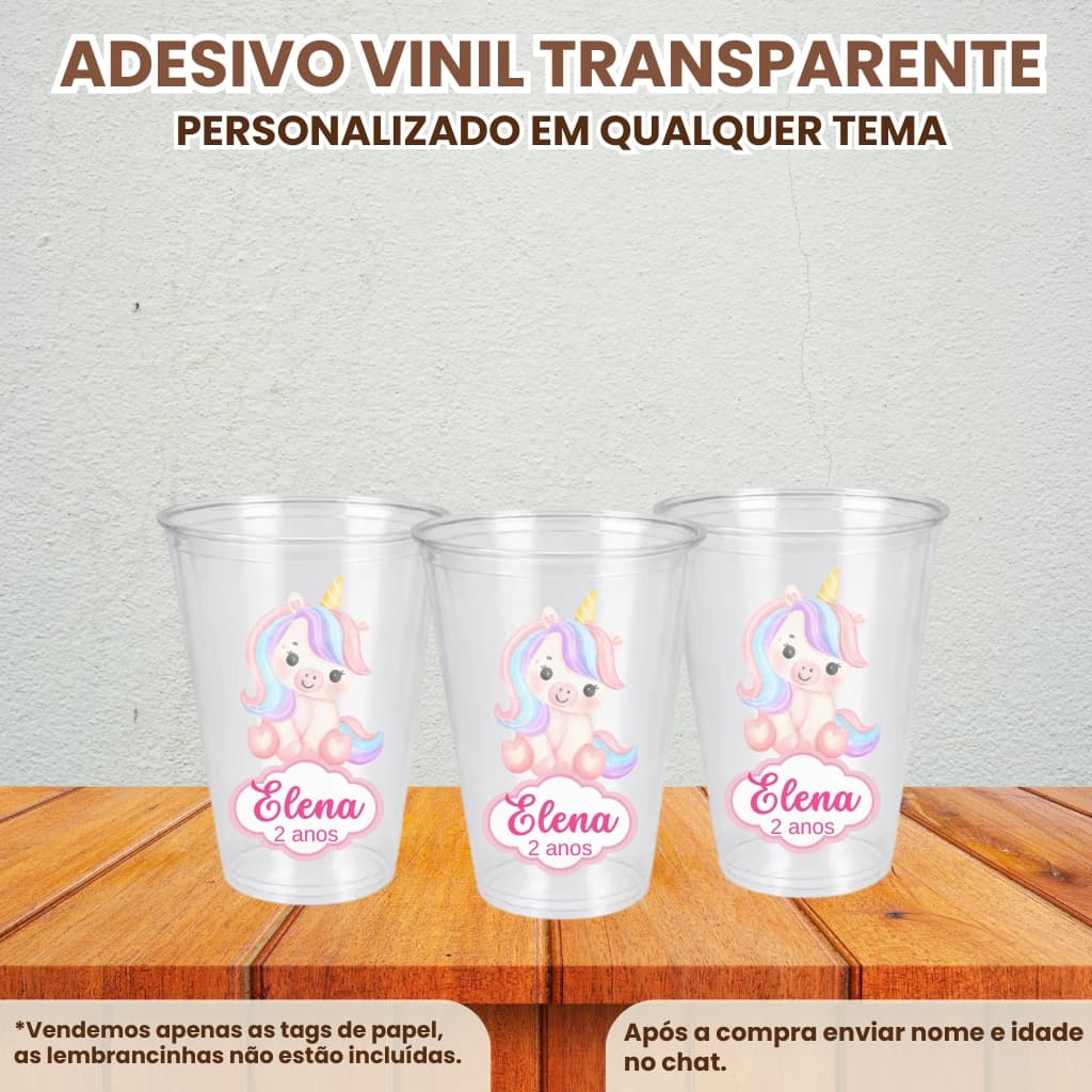 Rotúlo vinil adesivo transparente para copo 200ml personalizado em qualquer tema