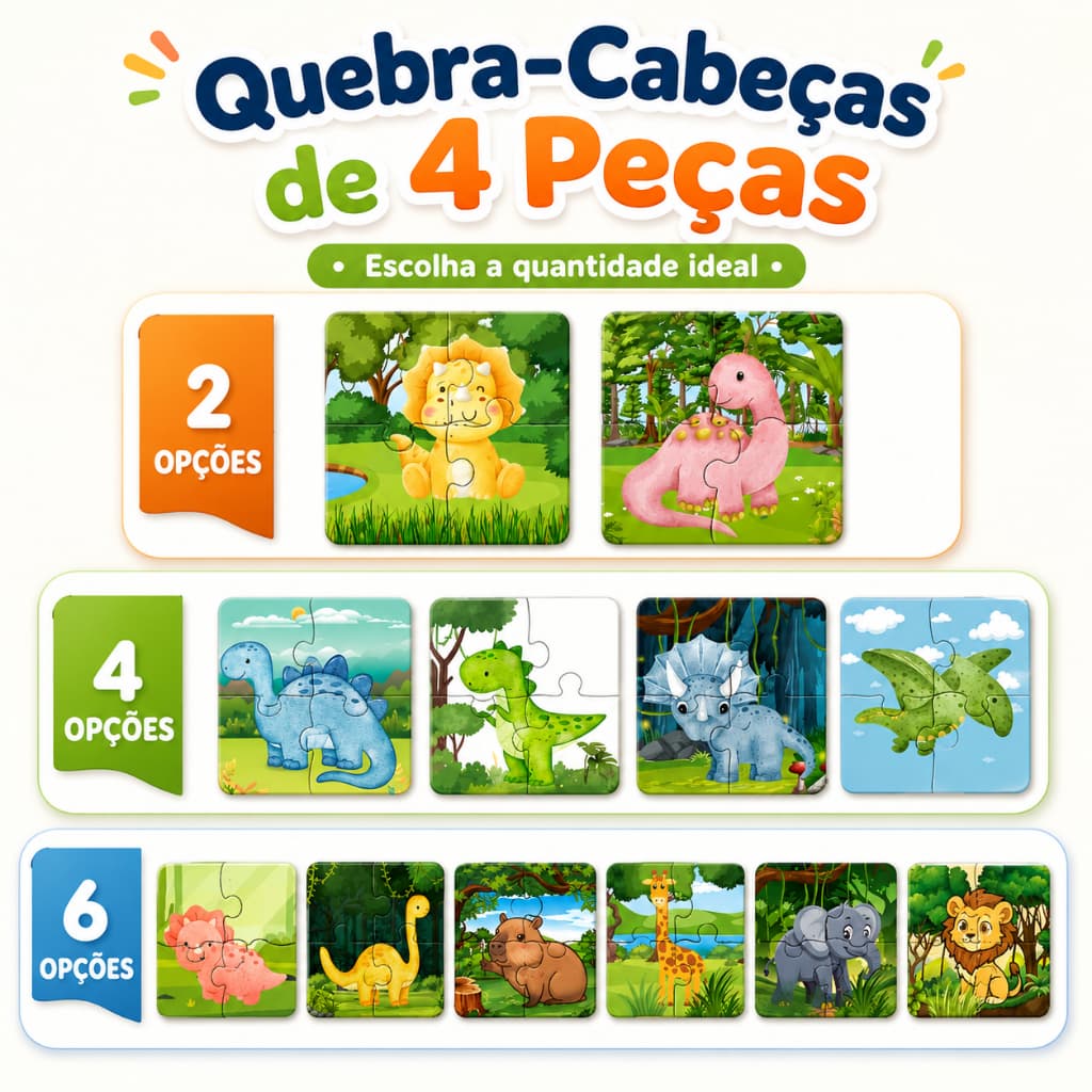 Kit 2 4 e 6 Quebra Cabeça Animais Safari Infantil Madeira Mdf Diversos Jogo Pedagógico Brinquedo Educativo