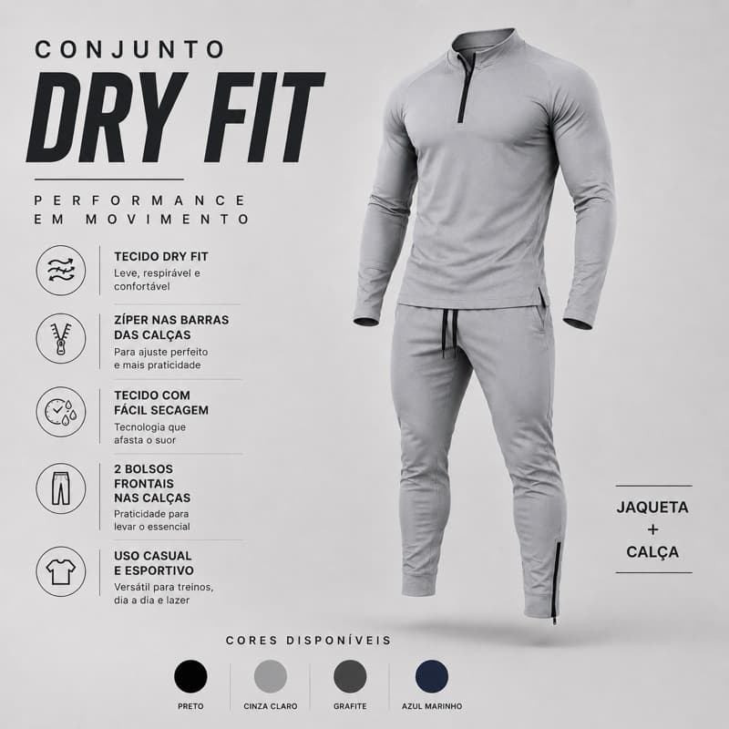 CONJUNTO DRY FIT MASCULINO COM ZÍPER – CONFORTO E ESTILO - JAQUETA + CALÇA