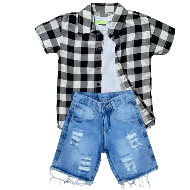 Conjunto Infantil Masculino Camisa Social Xadrez + Short Jeans 04 Juvenil