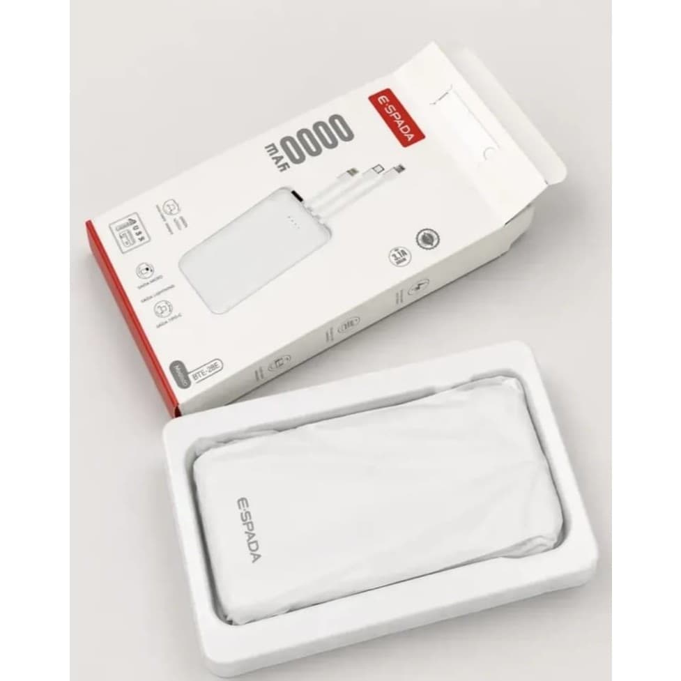 Carregador Portátil Power Bank E'spada 10000mAh Turbo BTE-28E com Cabos Embutidos Tipo C e Lightning