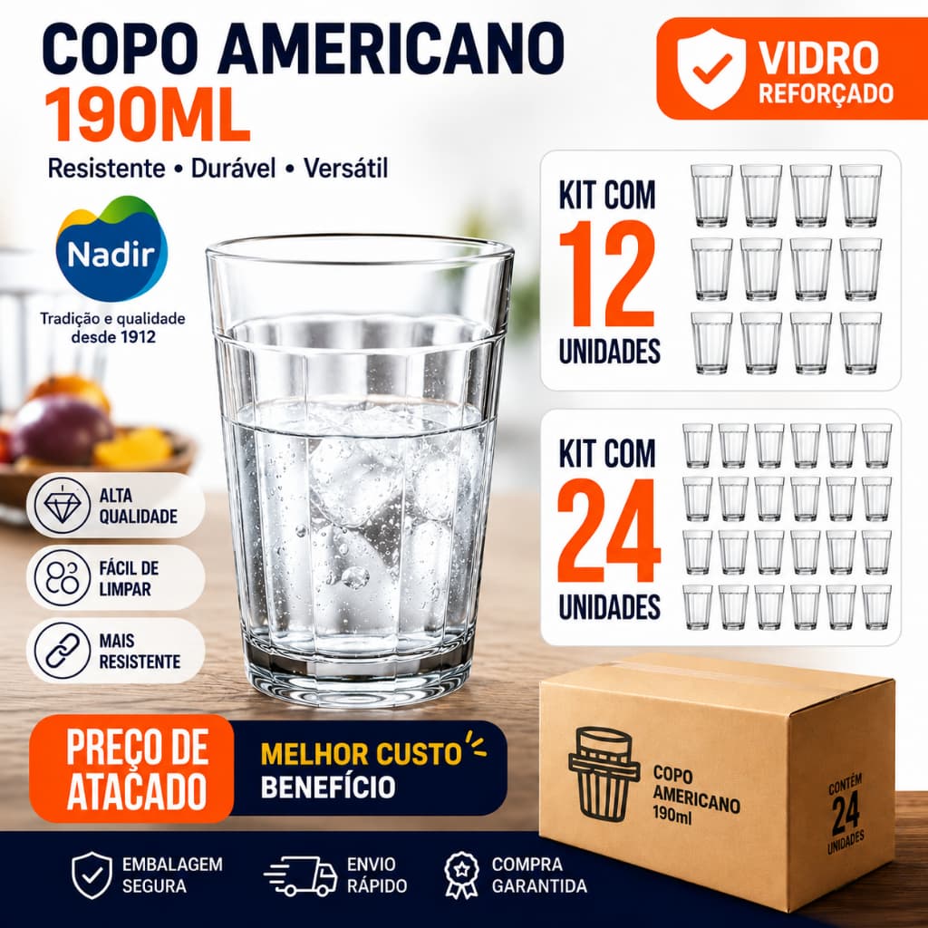 Copo Americano 190ml De Vidro Kit 06, 12 ou 24 Unidades Copo de Vidro Resistente Transparente