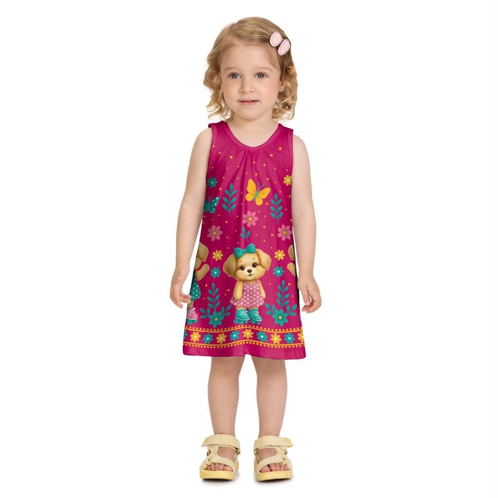 Vestido Kyly Infantil Estampa Cachorrinhos Rosa Choque