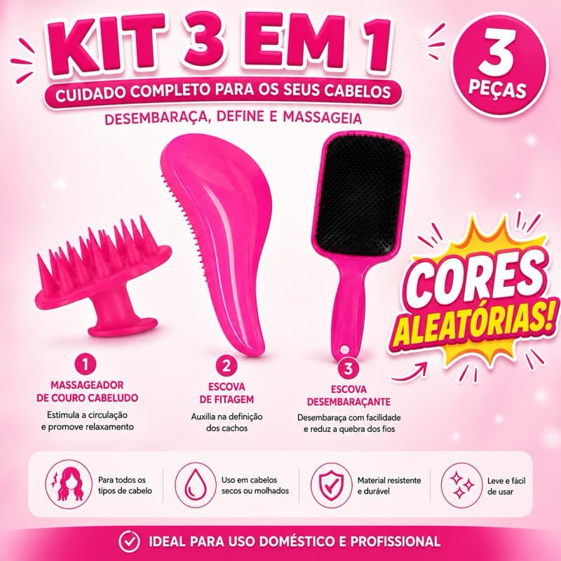 Kit Beleza 1-Escova Massageadora 1-Escova magica De cabelo -1-Escova Raquete Flex- Anti-frizz