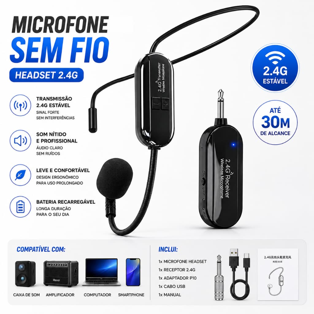 Microfone Sem Fio Headset Aula Conferencia Professor Show Preto