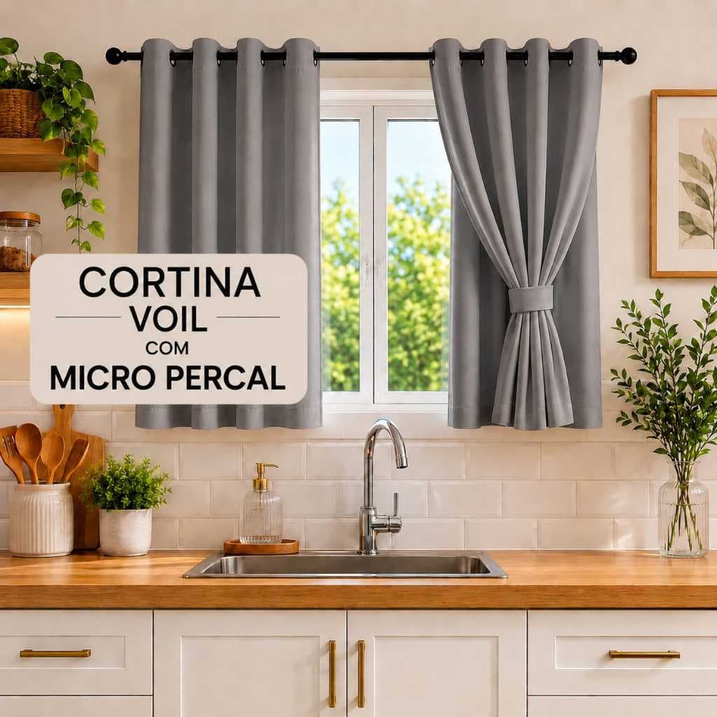 Cortina Premiun Para Cozinha Sala e Escritorio  De Voil Com Forro Microfibra