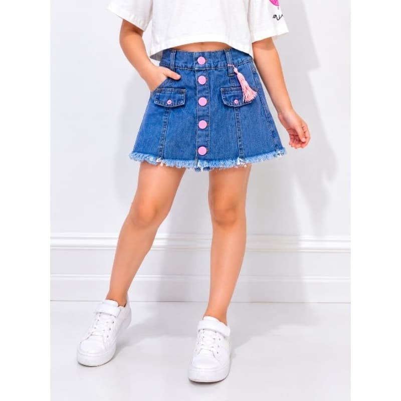 Short Saia Jeans Infantil Feminino Menina com Regulagem na Cintura Bordado