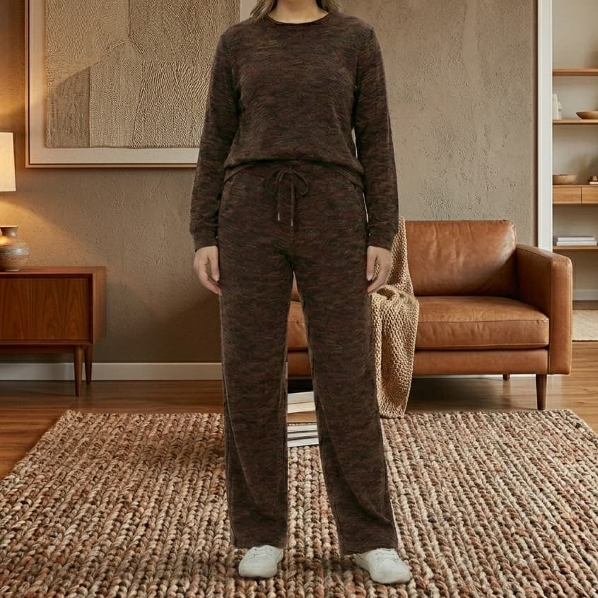 Conjunto Feminino Blusa Manga Longa e Calça Pantalona  Malha Ribi Canela para Meia Estação e Inverno